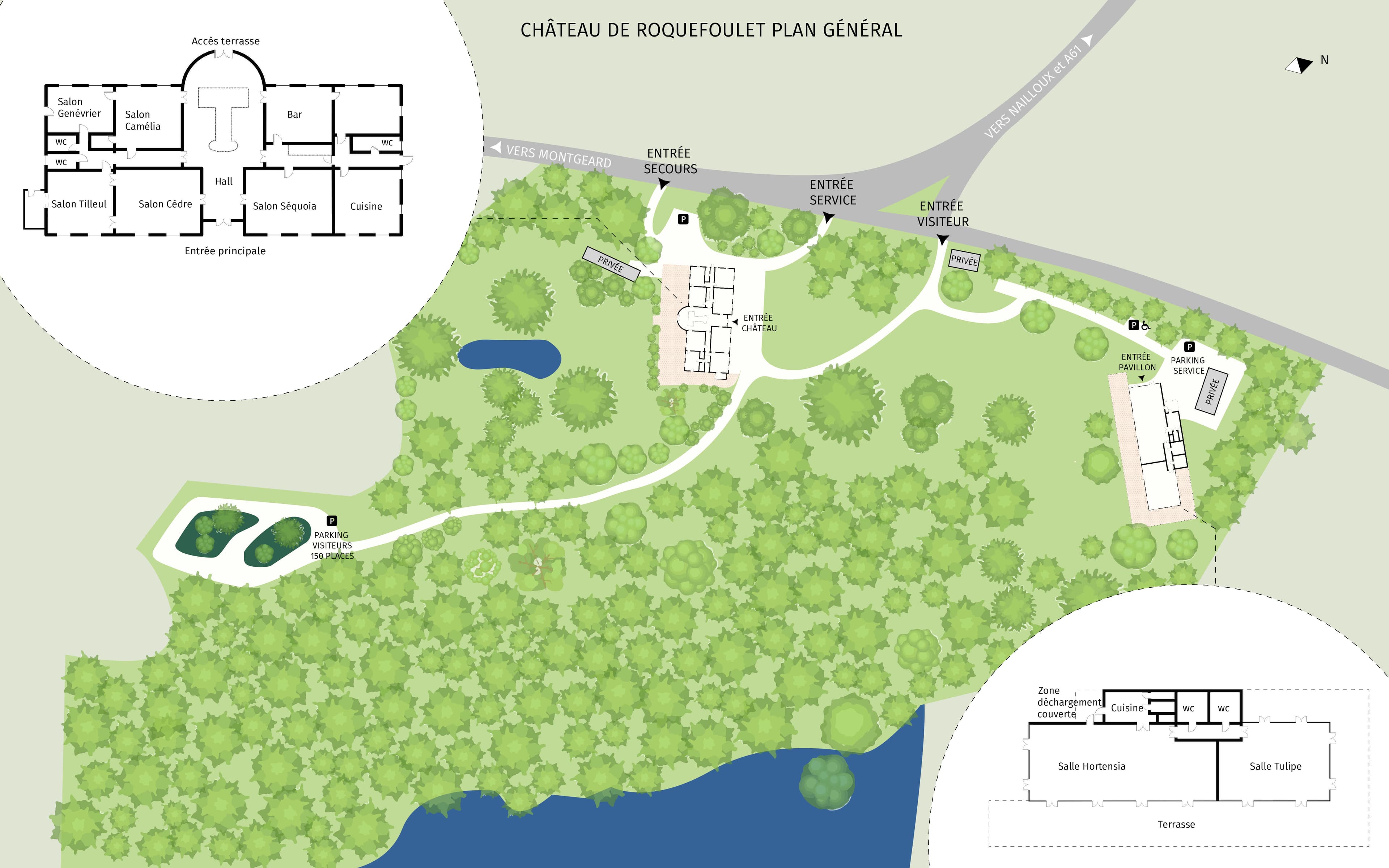 Plan général du domaine du Château de Roquefoulet avec les salons, les entrées, les parkings et le pavillon